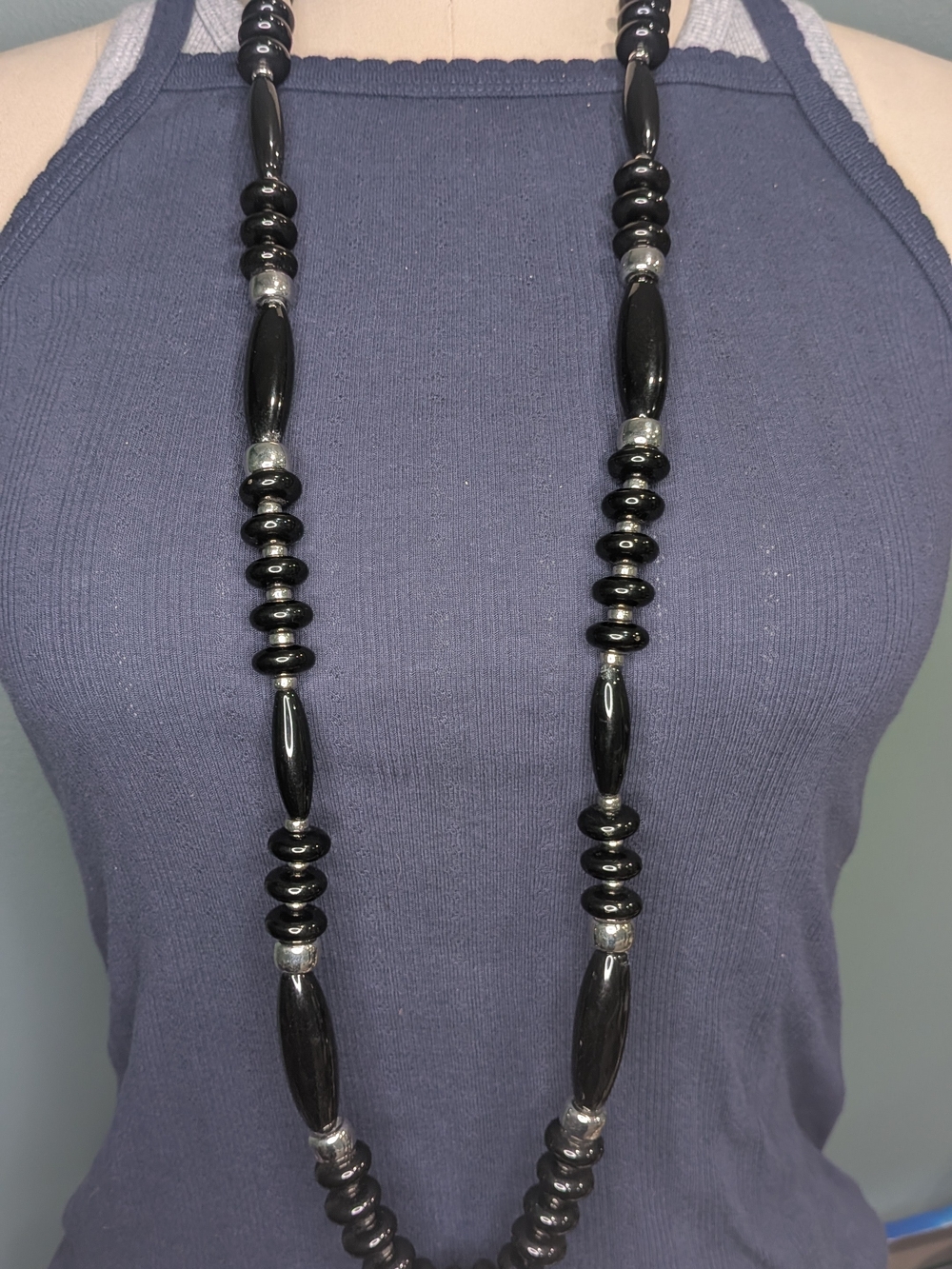 Chico's Black Beaded Long Strand Necklace Silver Spacers Plastic Toggle Clasp